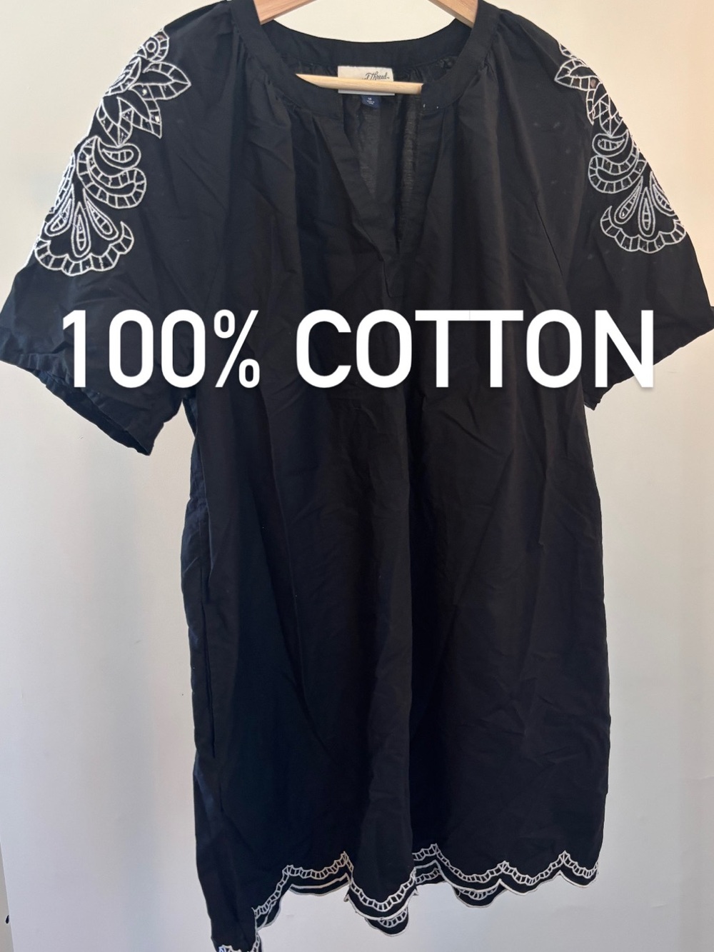 Black Cotton Embroidered Short-Sleeve Dress | 100% cotton | size M